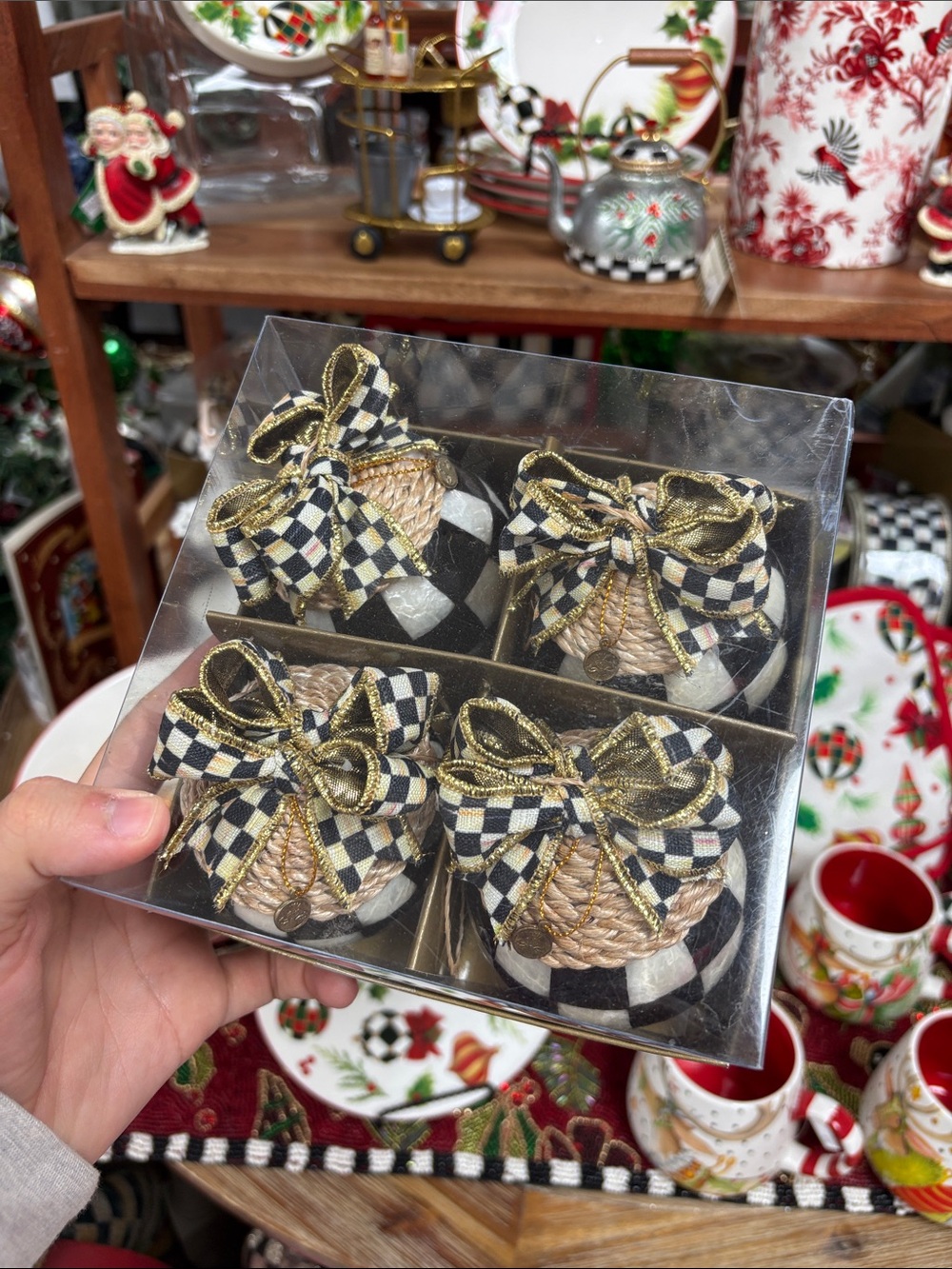Mackenzie-Childs check capiz ball ornament set of 4